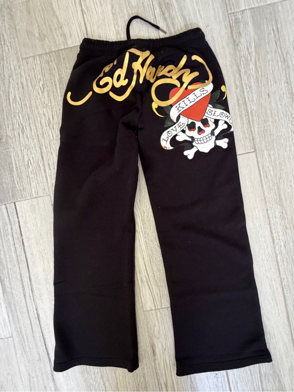 Ed Hardy Black Sweatpants with Gold Script & Red Skull Accent
